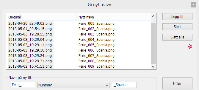 Bilde av Gi nytt navn menyen, hvor jeg har gjort sånn at den endrer navnene på bildene til, Ferie_001_Spania, Ferie_002_Spania også videre