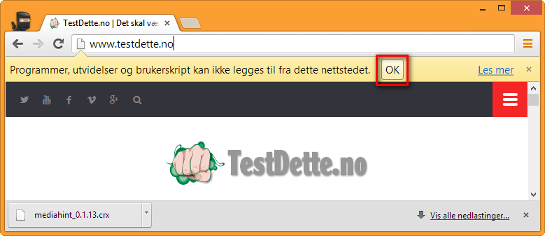 Bilde: Programmer, utvidelser og brukerskript kan ikke legges til fra dette nettstedet. OK.